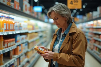 Femme d'âge moyen vérifiant le prix d'un produit en supermarche