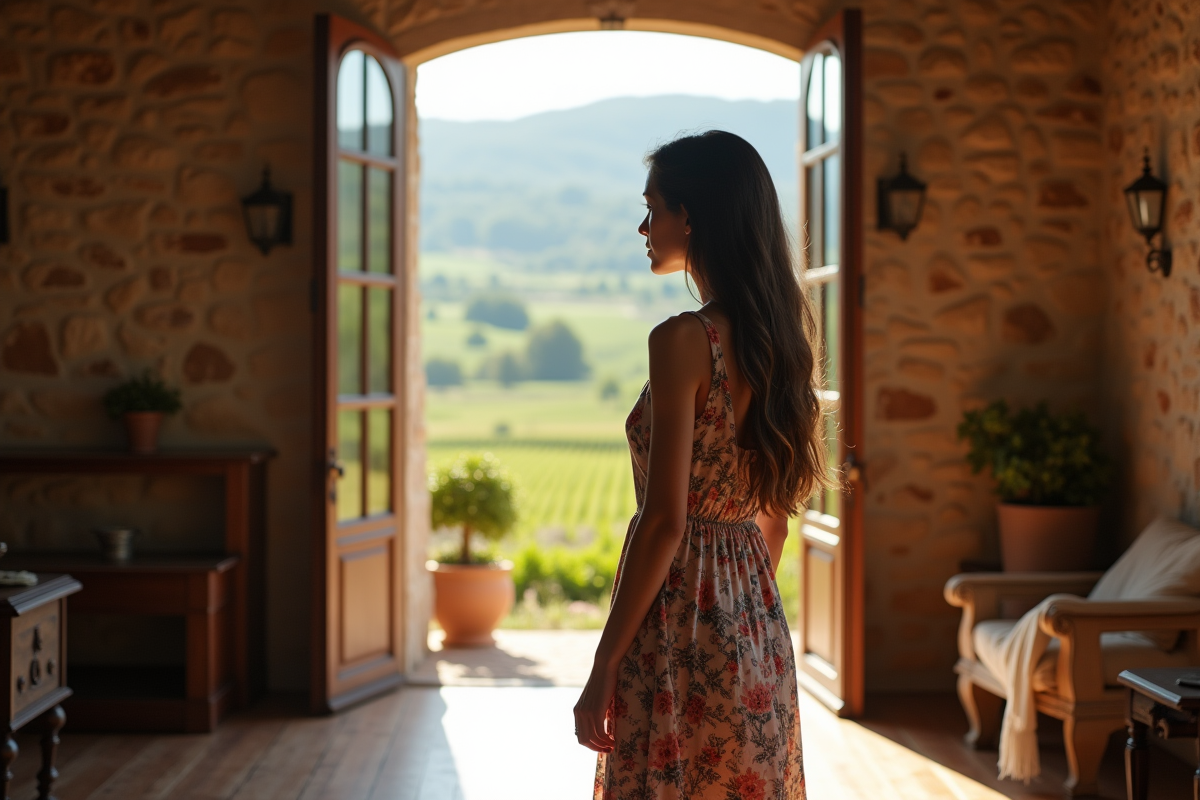 Femme regardant par la fenêtre dans une villa rustique