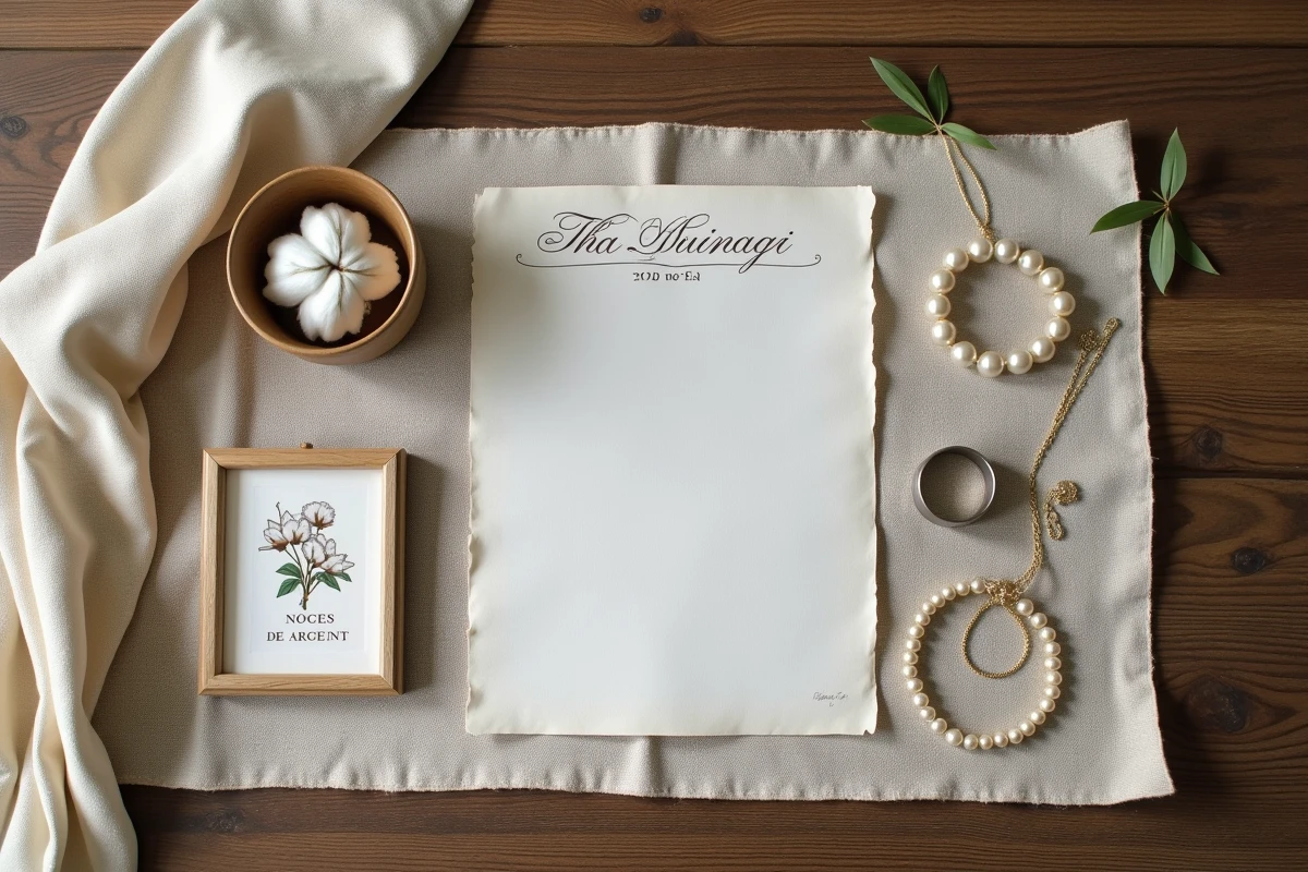 Disposition à plat d'objets symbolisant les noces de mariage avec carte mnémotechnique manuscrite sur lin
