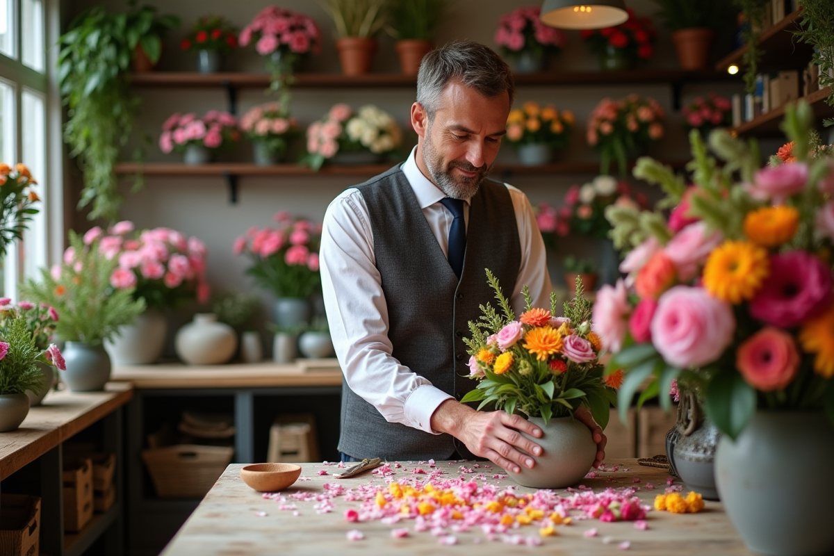 Fleuriste préparant un arrangement floral pour mariage