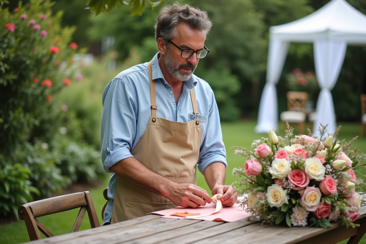 Fleuriste créant une composition florale en extérieur