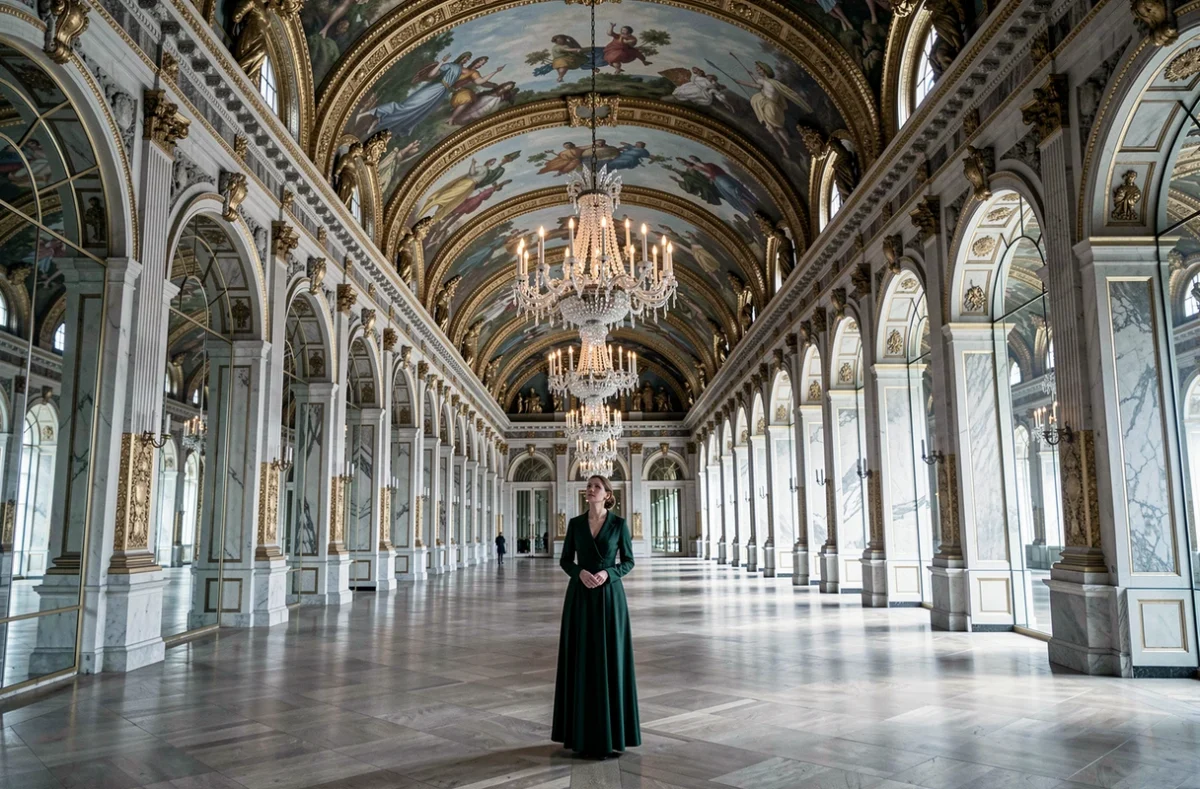 Guide historique dans la galerie des Glaces du château de Versailles, évoquant la vie de Marie-Thérèse d'Autriche à la cour de Louis XIV
