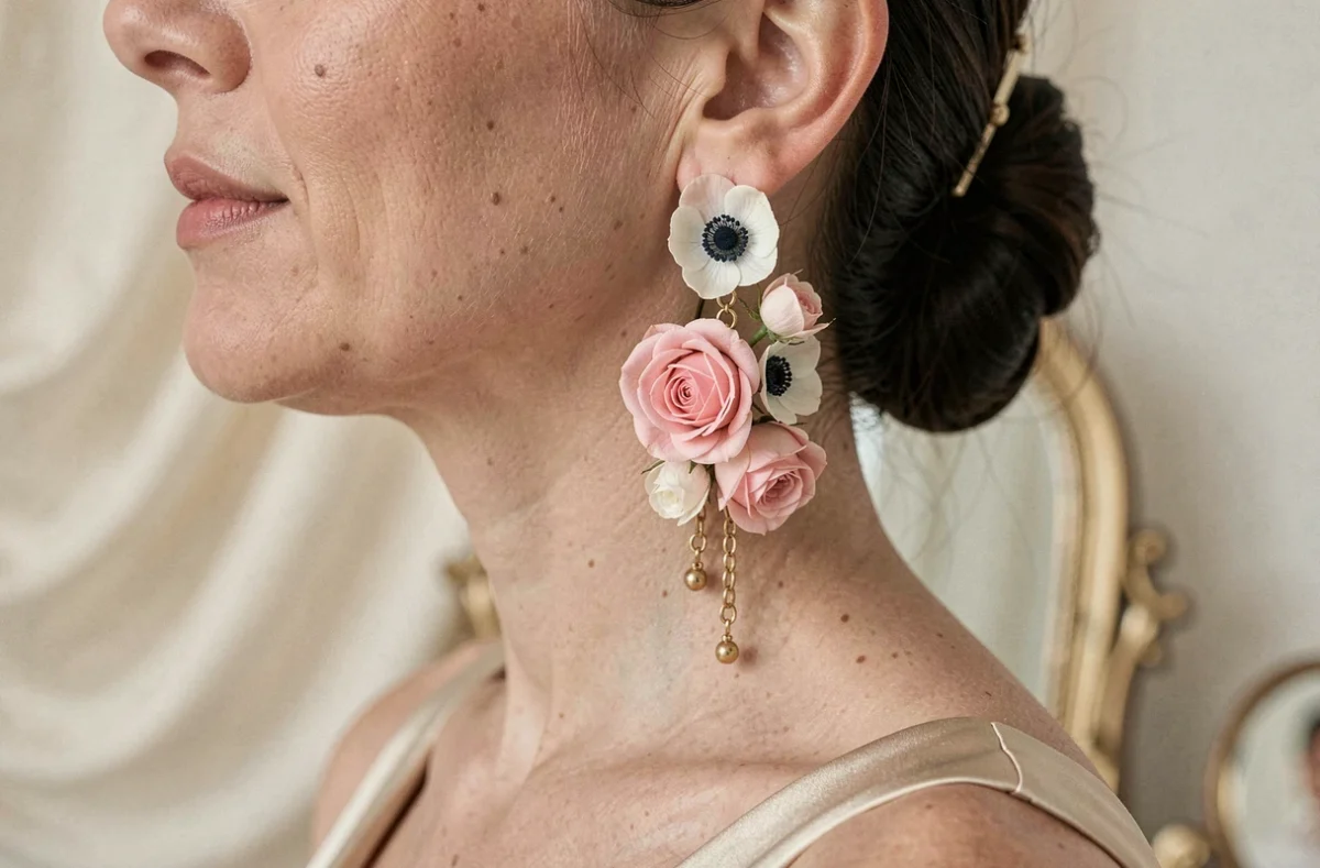 Gros plan d'une boucle d'oreille florale en roses séchées et chaîne dorée portée par une femme en tenue de mariée champagne lors d'une préparation nuptiale