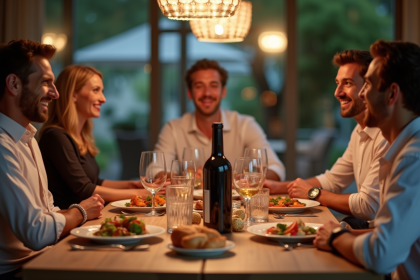 Groupe d'amis autour d'une table élégante en soirée conviviale