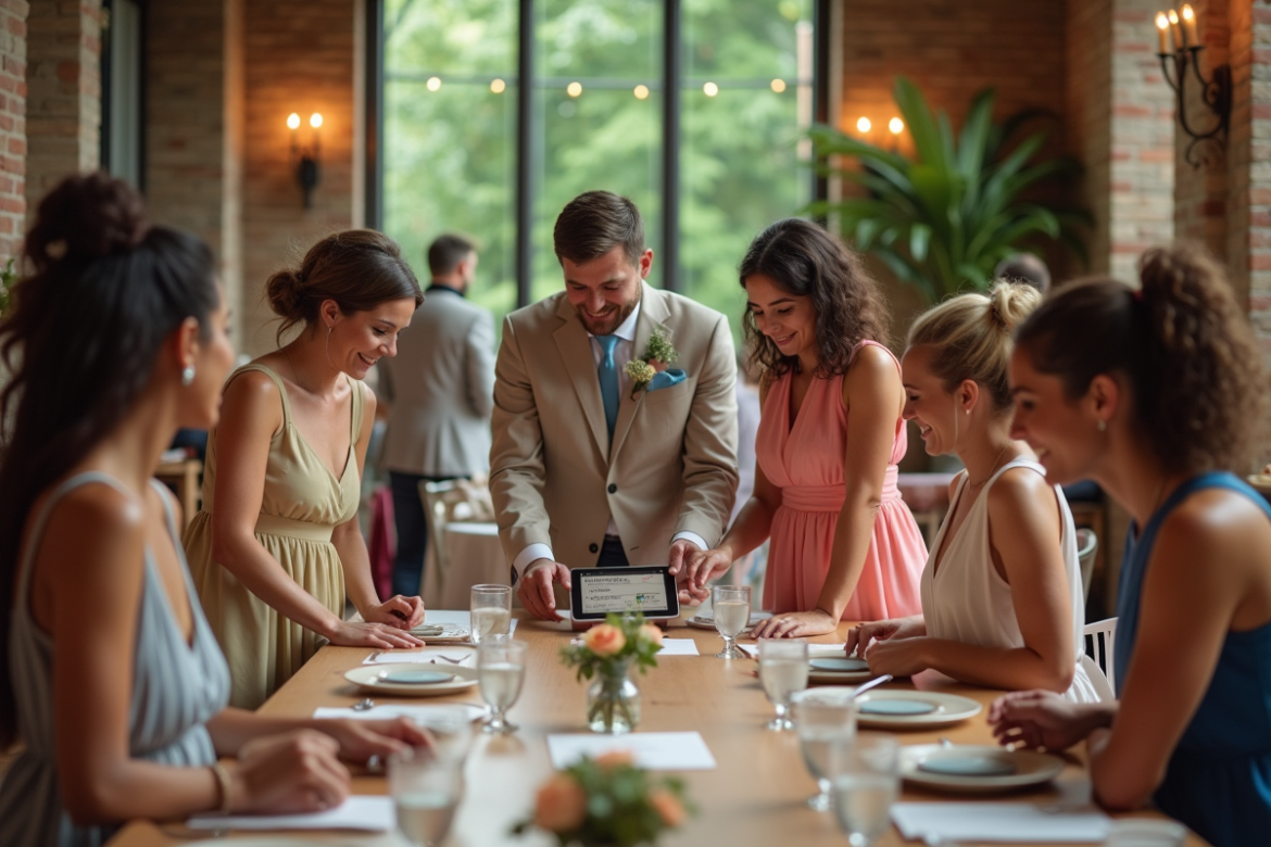 Groupe d'amis souriants lors d'une réception de mariage