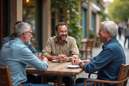 Groupe d'hommes discutant autour d'une table en terrasse
