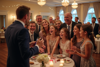 Groupe souriant autour d'une cabine photo lors d'un mariage
