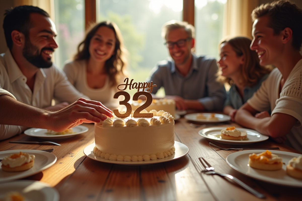 Main posant un gâteau anniversaire 32 ans sur la table en famille