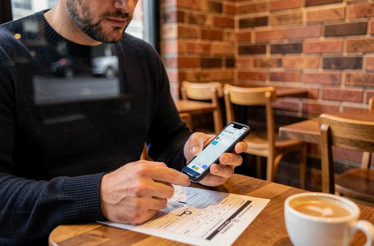 Homme consultant un guide d'équivalence de taille de bague sur son téléphone et un document imprimé dans un café urbain