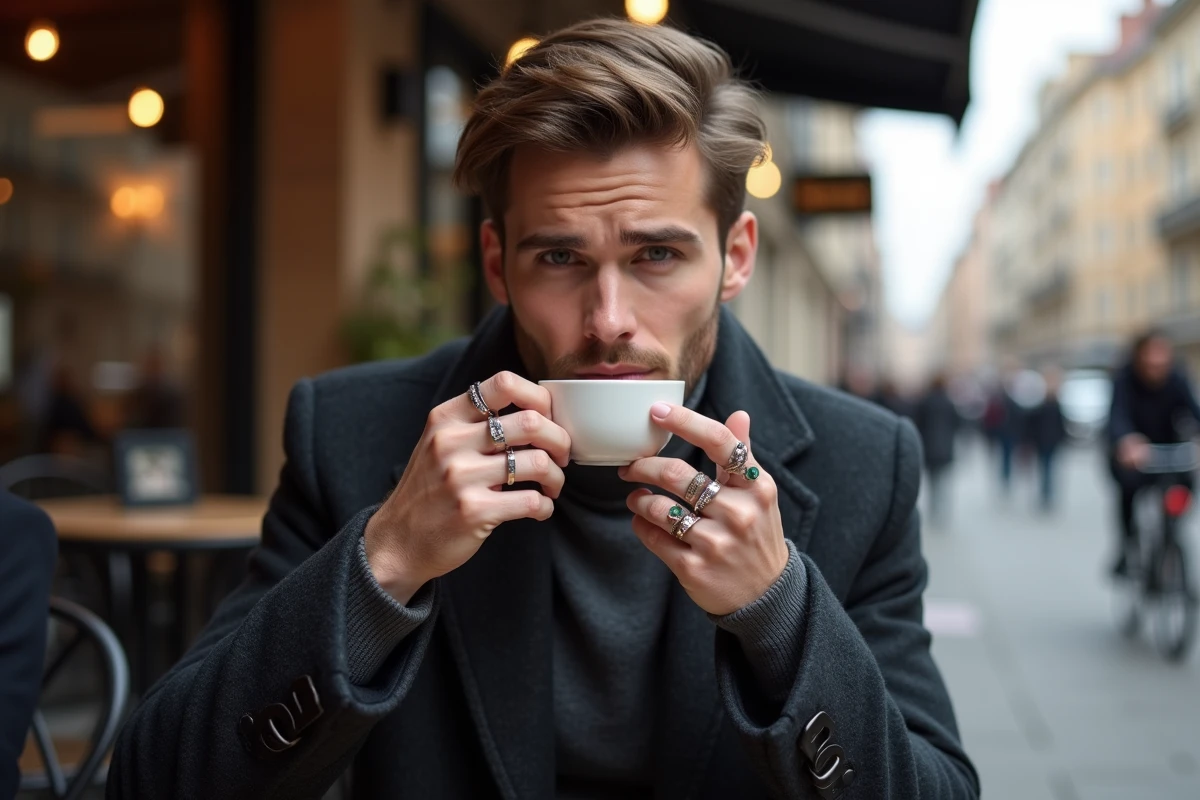 Homme avec bagues au café en plein air en ville