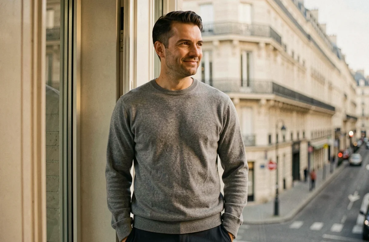 Homme élégant et pensif regardant par une fenêtre parisienne, atmosphère intime et contemporaine