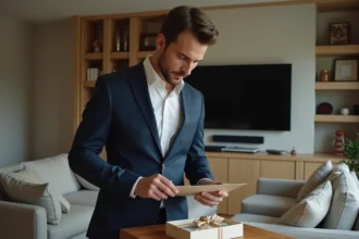 Homme en costume navy examine une enveloppe cadeau dans un salon