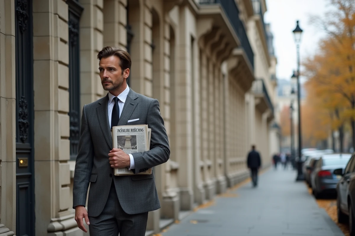 Homme en costume gris devant un immeuble haussmannien parisien tenant un journal, illustration d'une personnalité médiatique française