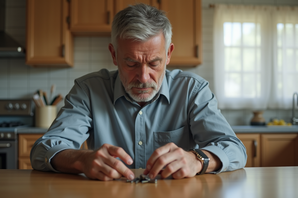 Homme assis à la table de cuisine avec clés en main