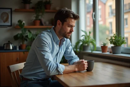 Homme pensif assis à la cuisine avec tasse en céramique