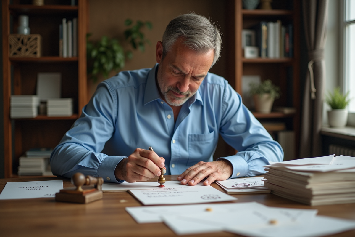 Homme scellant invitations de mariage avec cachet en cire