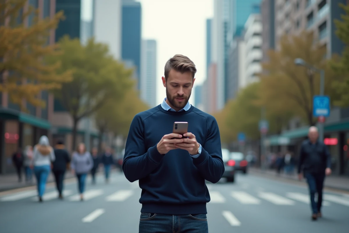 Homme dans la rue regardant son téléphone avec application ouverte