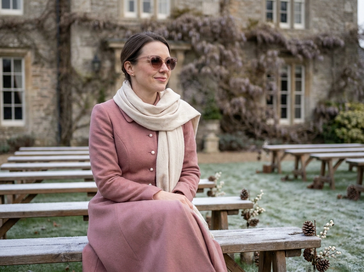 Invitée de mariage en décembre portant des lunettes de soleil cat-eye tendance dans une cour de manoir givré