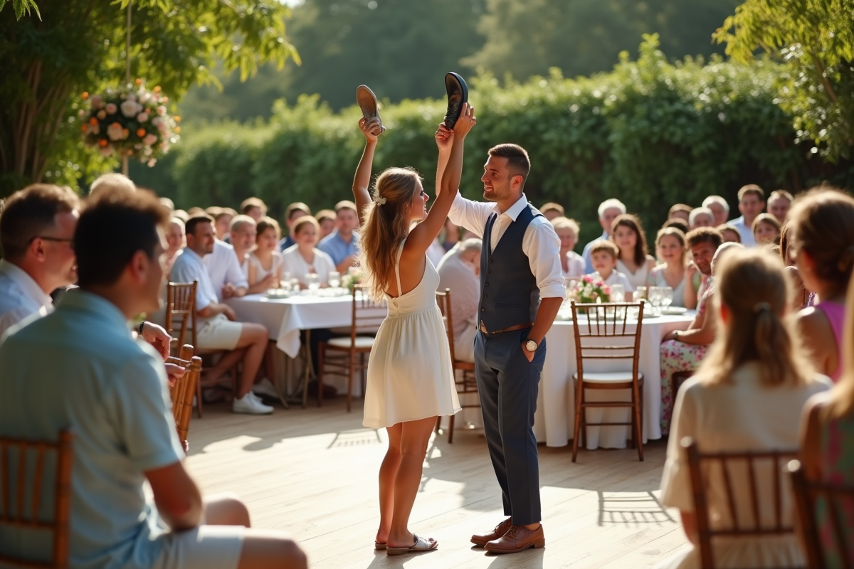 Groupe d invités divers regardant le jeu de chaussures en extérieur