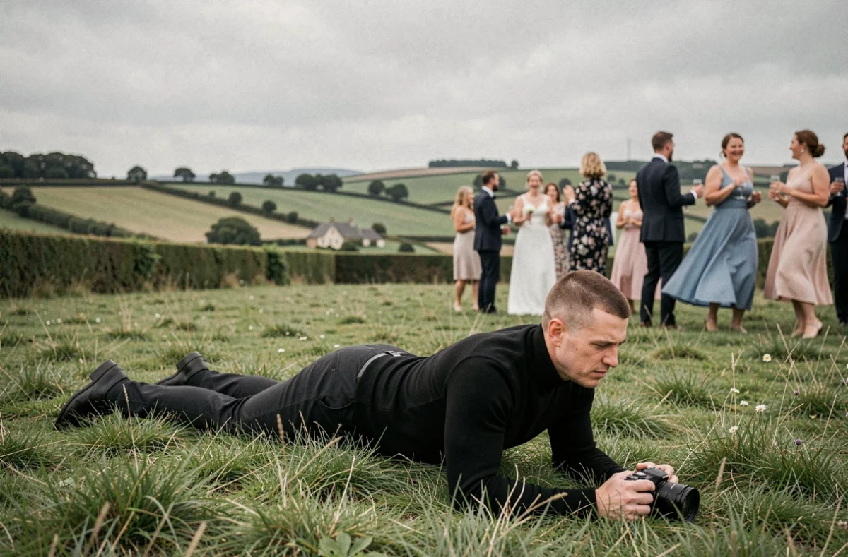 Ishootone Photography, photographe de mariage allongé dans l'herbe pour capturer un angle original lors d'un mariage normand