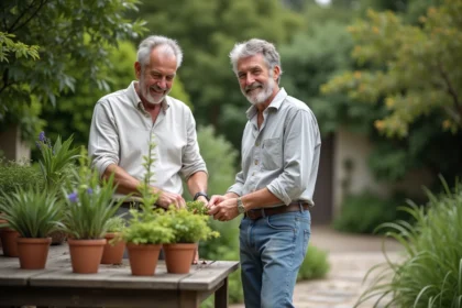 Stéphane Marie avec son mari dans un jardin verdoyant