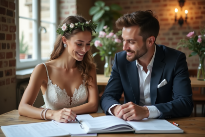 Jeune couple à Paris préparant leur mariage dans un intérieur chaleureux