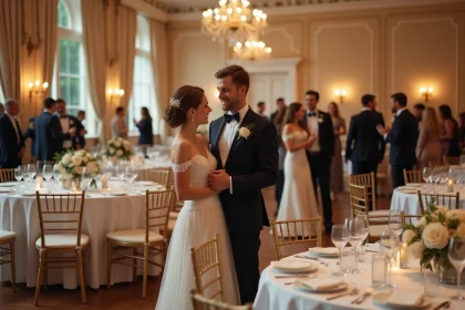 Jeune couple marié riant lors d'un mariage élégant