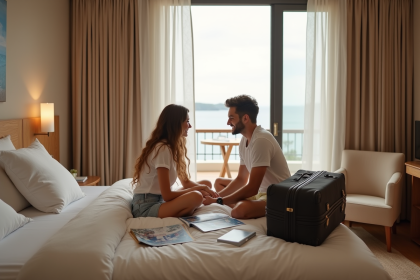 Jeune couple de mariés discutant de voyage dans une chambre moderne