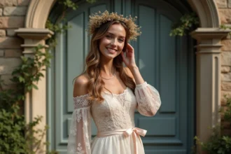 Jeune femme en robe bohème ajuste une couronne de fleurs