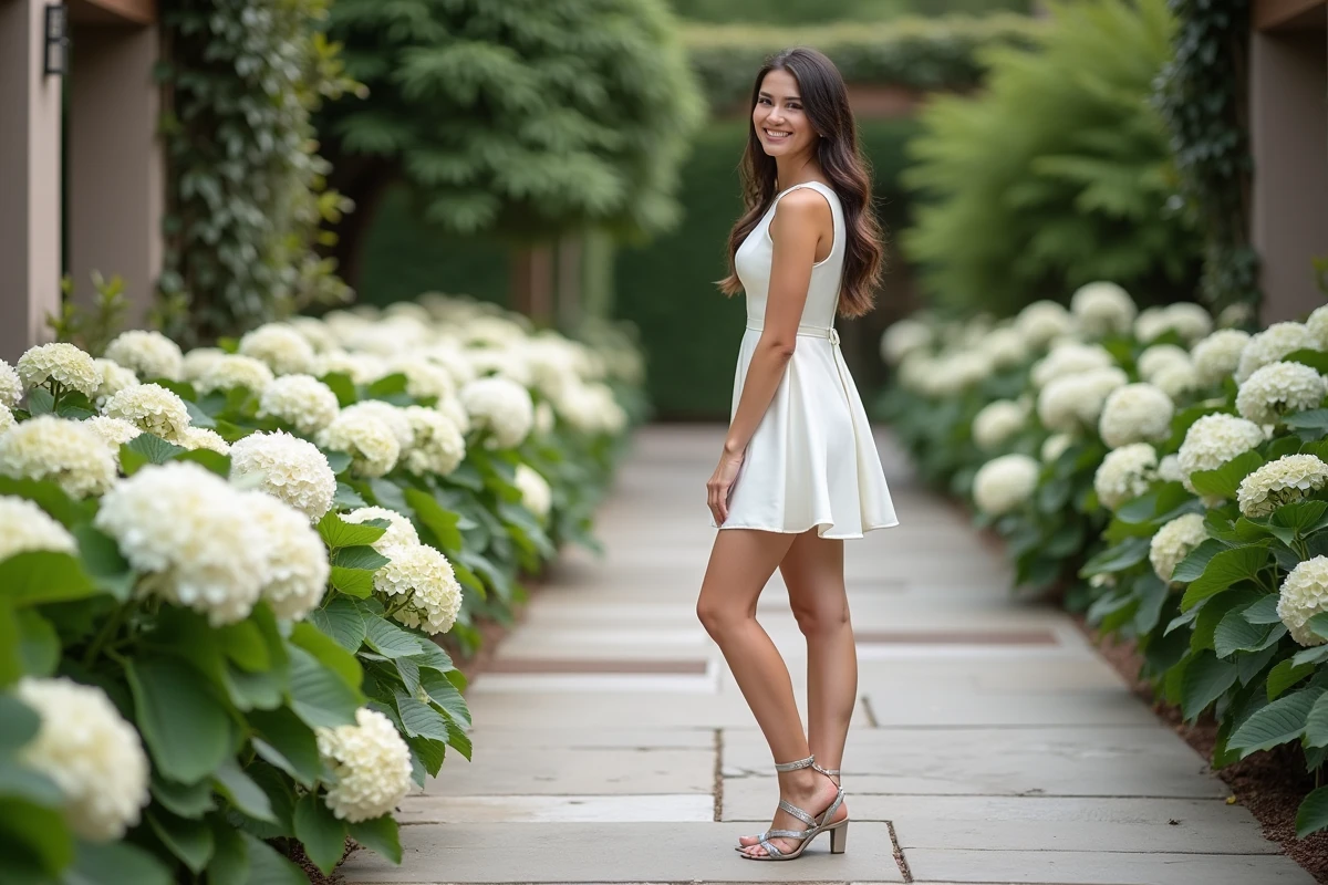 Femme en robe courte et sandales sur terrasse fleurie en extérieur