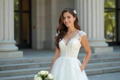 Jeune femme en robe de mariée blanche dans un cadre urbain élégant