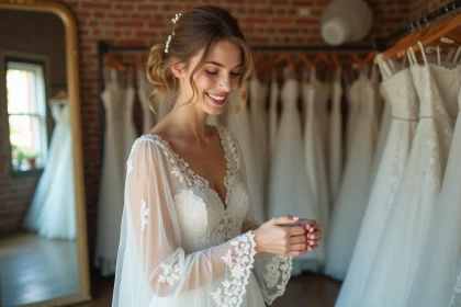 Jeune femme souriante en robe de mariée vintage dans une boutique