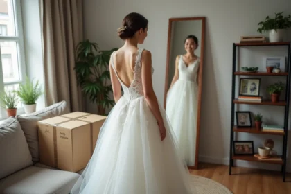 Jeune femme examine sa robe de mariage neuve dans un salon
