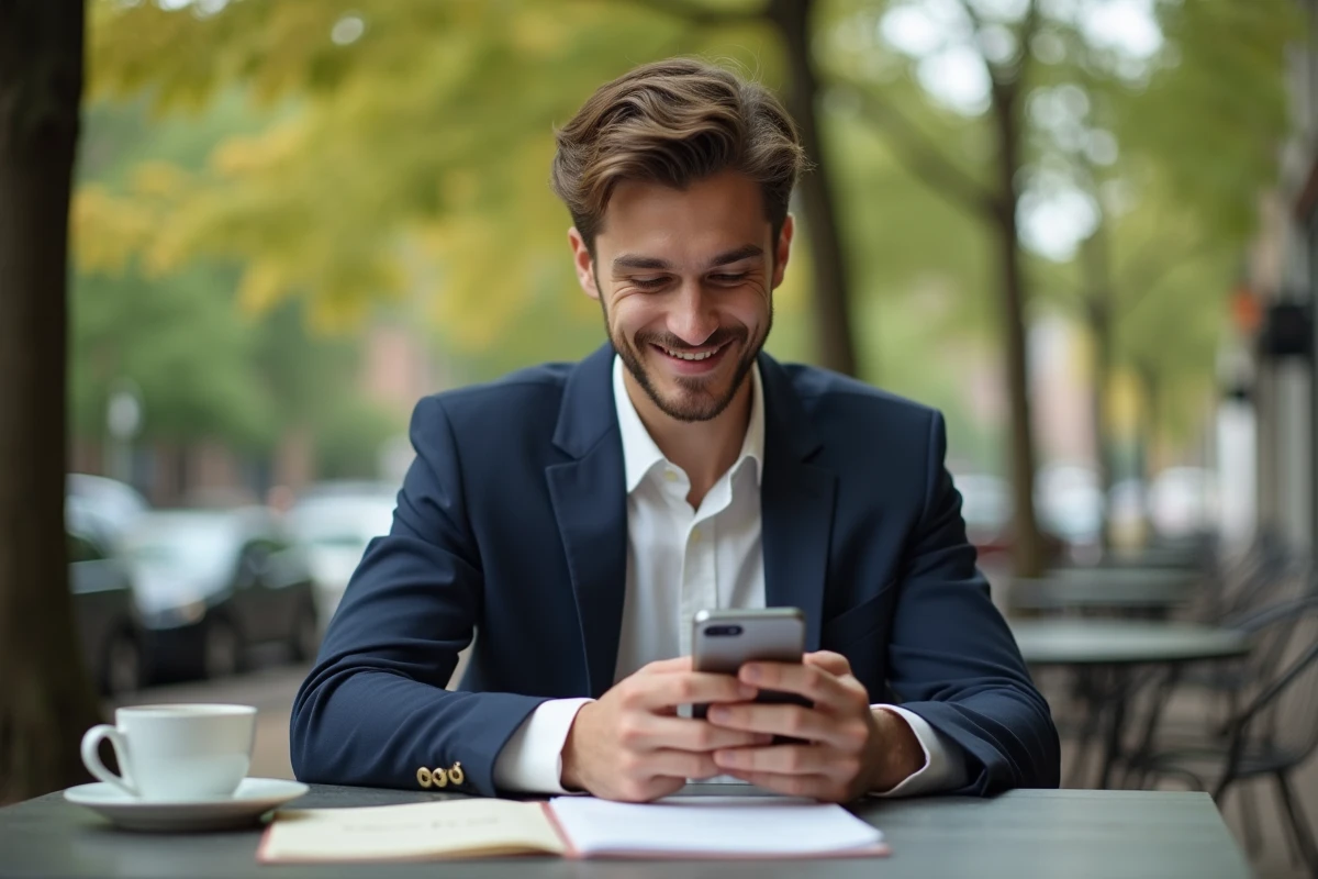 Jeune homme en costume écrivant un message dans un café extérieur
