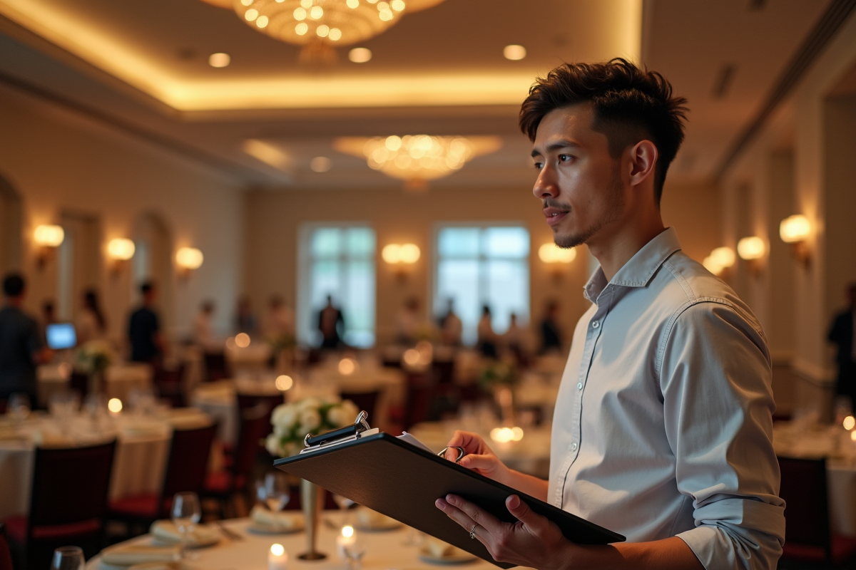 Jeune homme coordonnant le service en événement