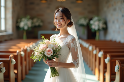 Jeune mariée en robe blanche arrangeant un bouquet de fleurs