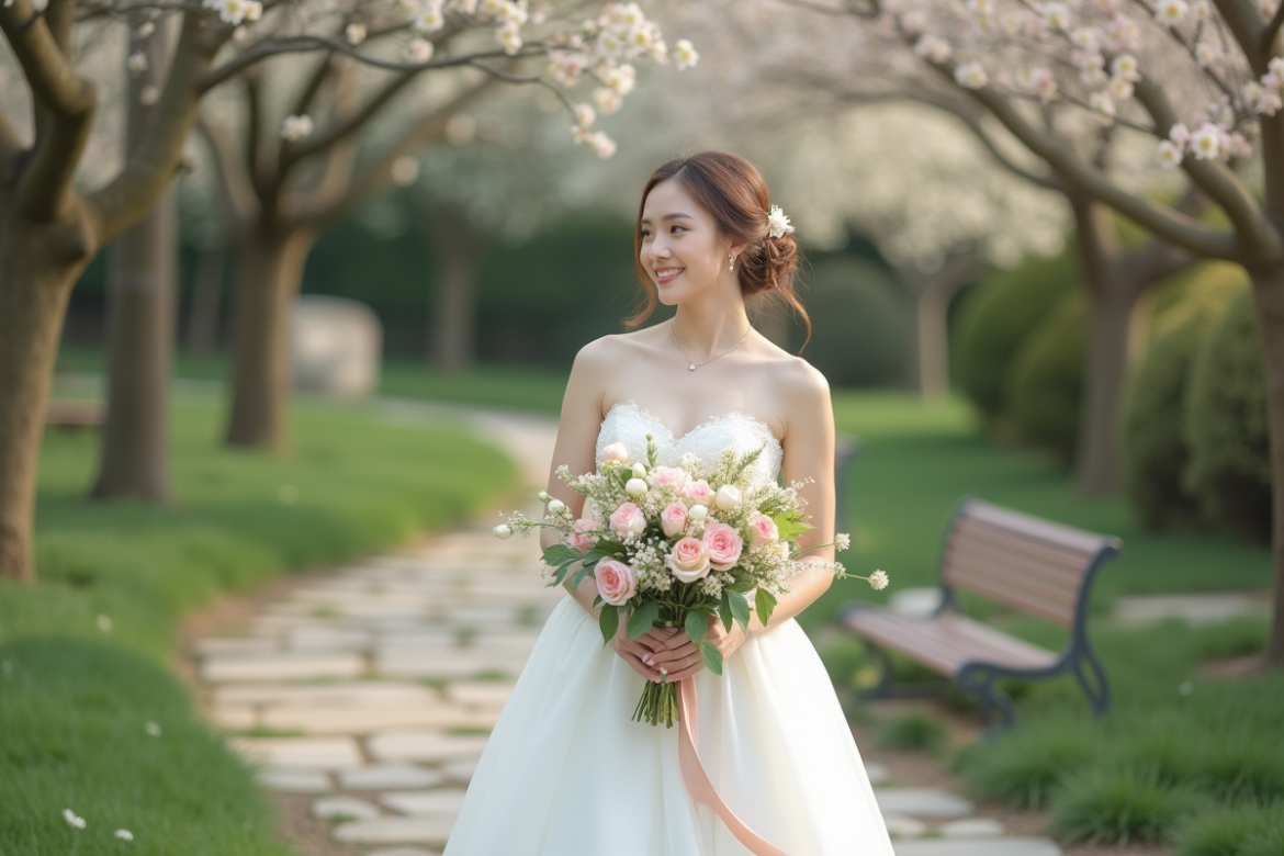 Jeune mariée dans un jardin printanier souriante