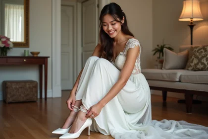 Jeune mariée souriante en intérieur avec chaussures élégantes