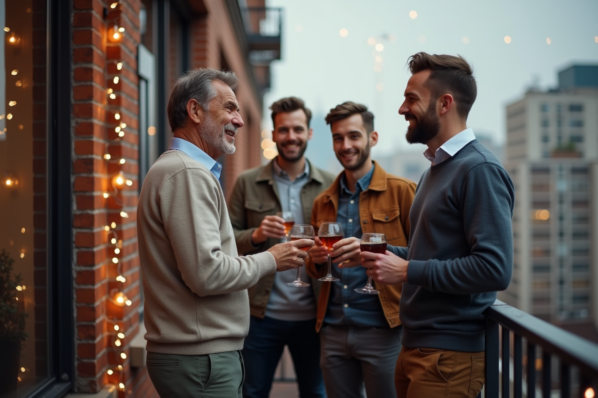 Jeunes hommes festifs sur un balcon en ville