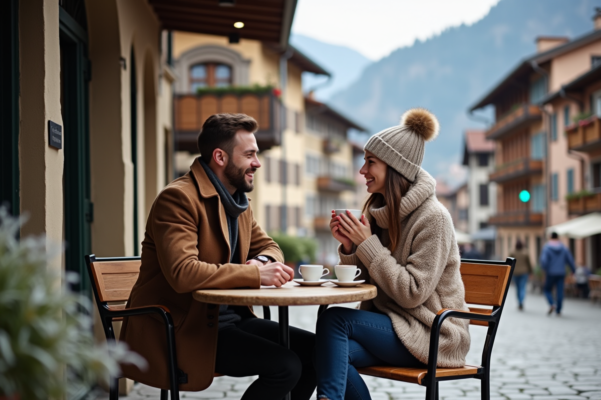 Jeunes mariés dégustant un café dans un village suisse
