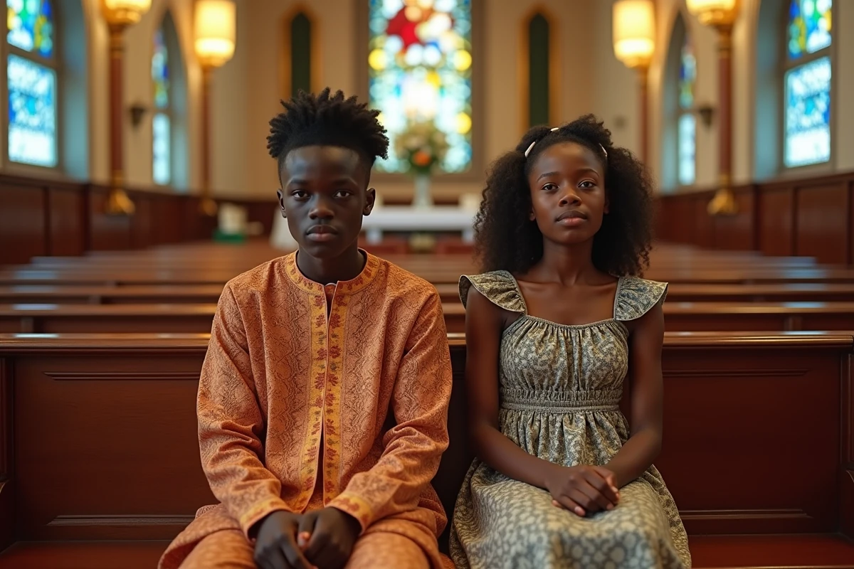 Jeunes assis dans une église avec vitraux colorés