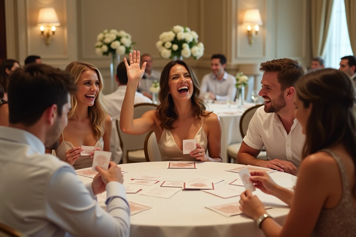 Petits groupes d'invités jouant à un jeu de cartes animé autour d'une table lors d'un mariage en salle