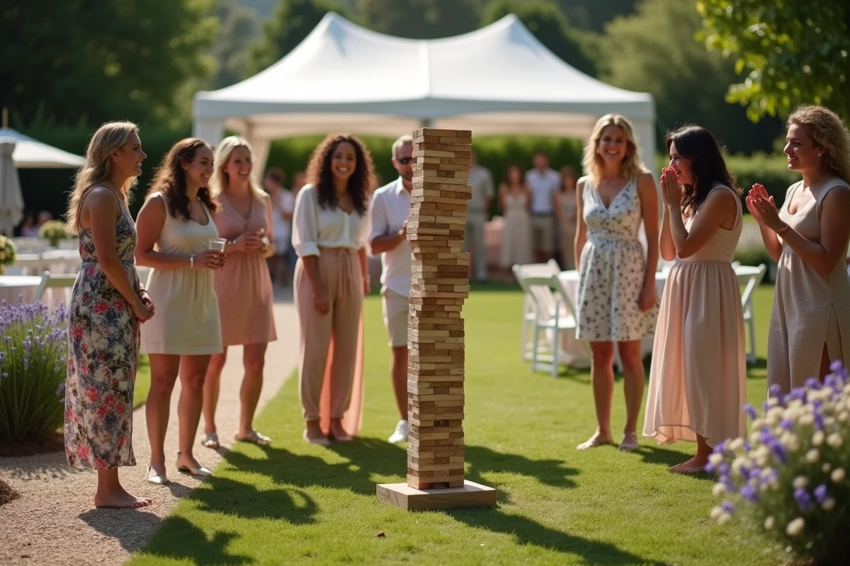 Groupe d'invités jouant au Jenga géant lors d'une réception de mariage en plein air dans un jardin fleuri