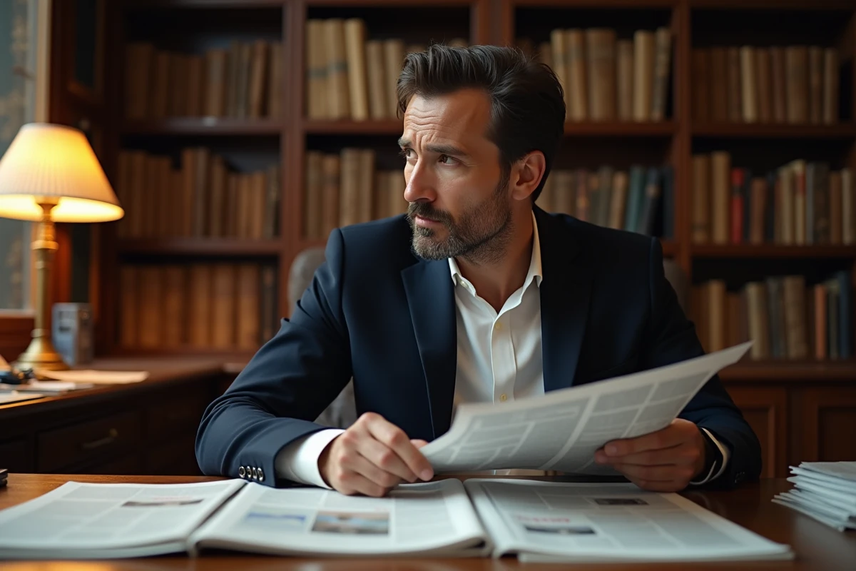 Journaliste masculin dans la quarantaine assis à un bureau parisien encombré de journaux, symbolisant la curiosité médiatique française