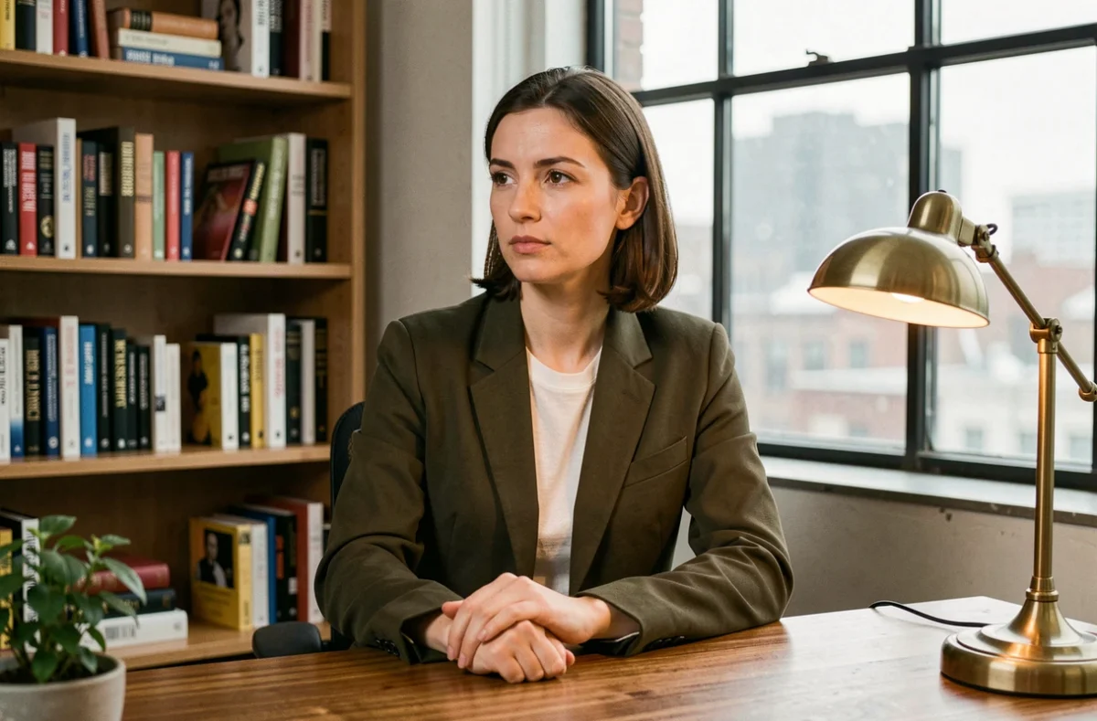 Femme professionnelle assise à un bureau créatif parisien, illustrant les choix de carrière et la discrétion de Juliette Plumecocq Mech