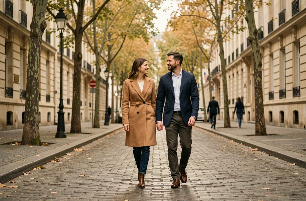 Couple discret se promenant dans une rue pavée parisienne en automne, évoquant la vie de couple de Juliette Plumecocq Mech et son mari