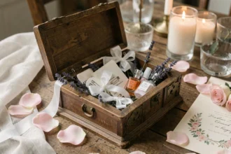 Kit de survie de la mariée caché dans une boîte en bois vintage décorée de lavande et rubans blancs sur une table de mariage rustique