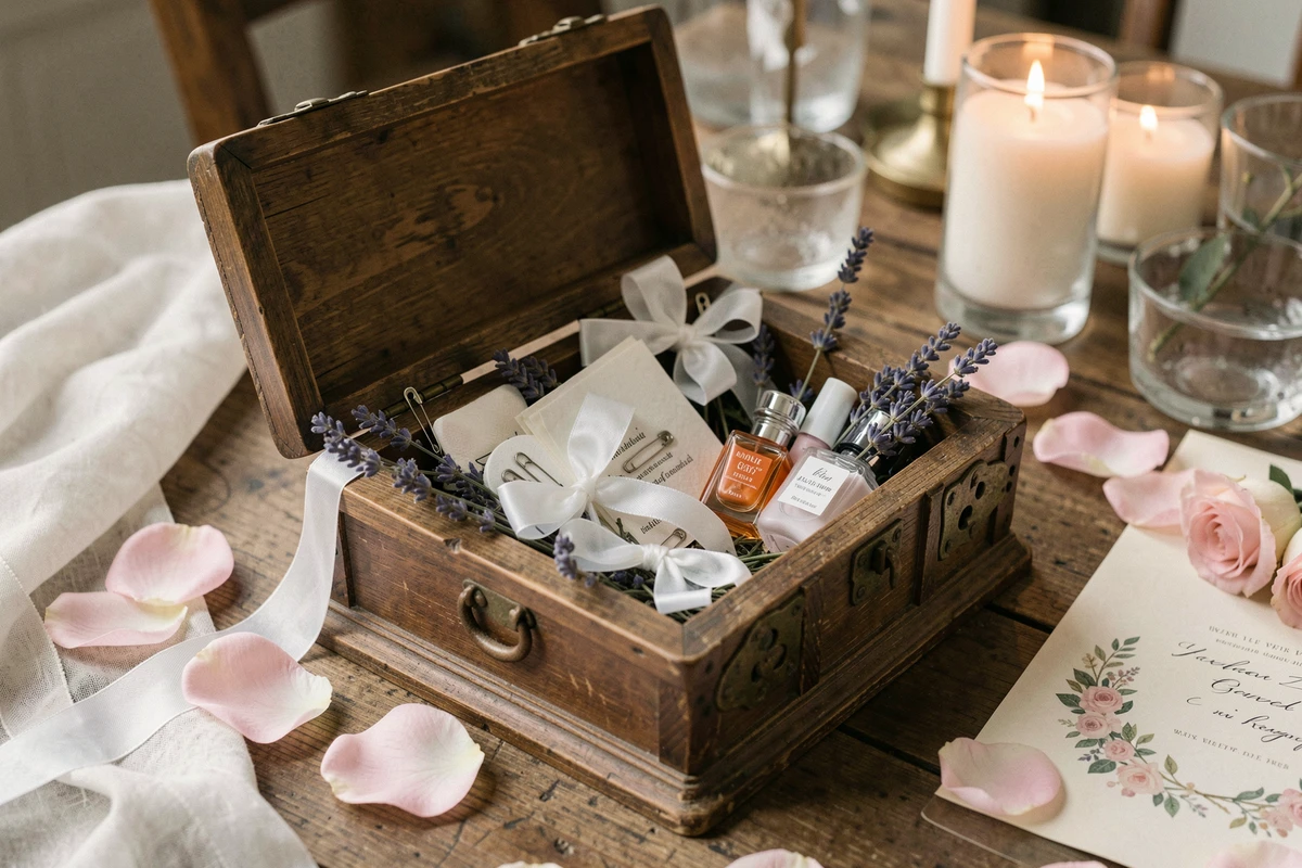 Kit de survie de la mariée caché dans une boîte en bois vintage décorée de lavande et rubans blancs sur une table de mariage rustique