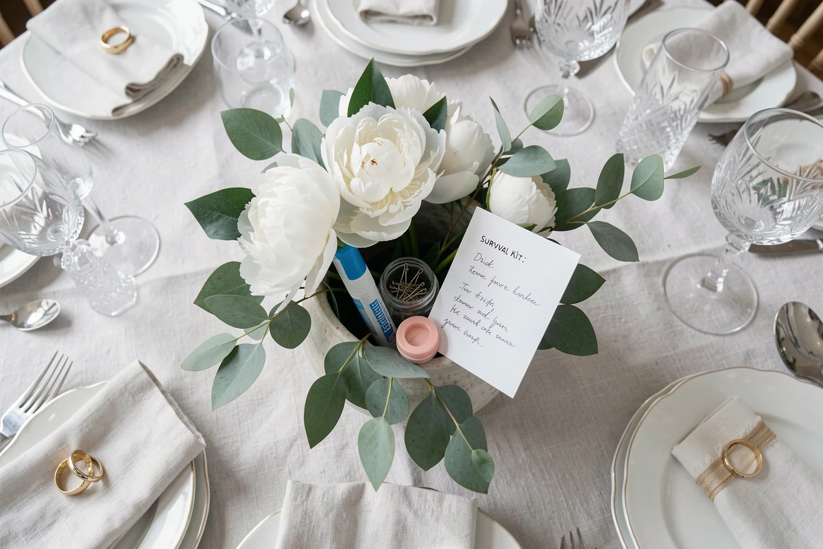Kit de survie de la mariée intégré discrètement dans le centre de table floral avec pivoines blanches et eucalyptus lors d'une réception de mariage