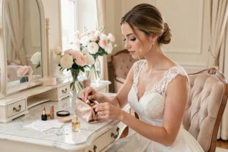 Mariée en robe blanche préparant sa trousse de secours beauté avec rouge à lèvres, poudre compacte et épingles de sûreté sur une coiffeuse en marbre le jour J